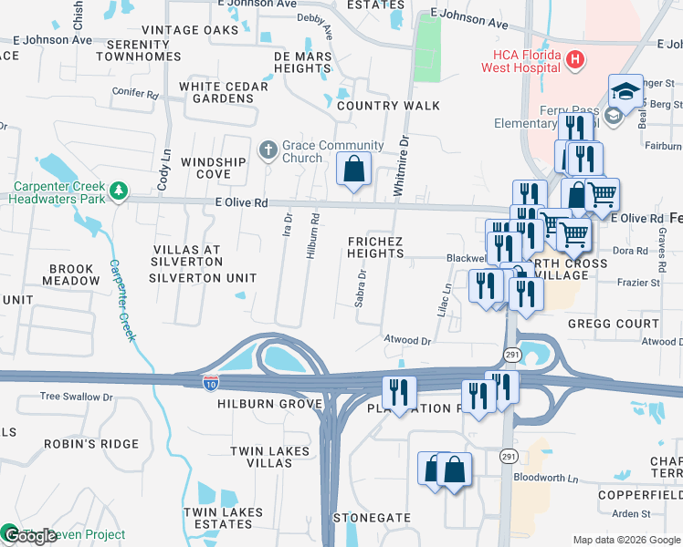 map of restaurants, bars, coffee shops, grocery stores, and more near 7905 Sabra Drive in Pensacola