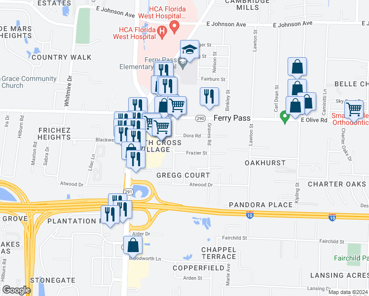 map of restaurants, bars, coffee shops, grocery stores, and more near 2150 Frazier Street in Pensacola