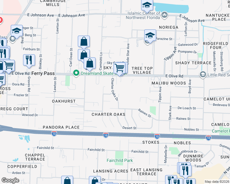 map of restaurants, bars, coffee shops, grocery stores, and more near 7834 Charter Oaks Drive in Pensacola