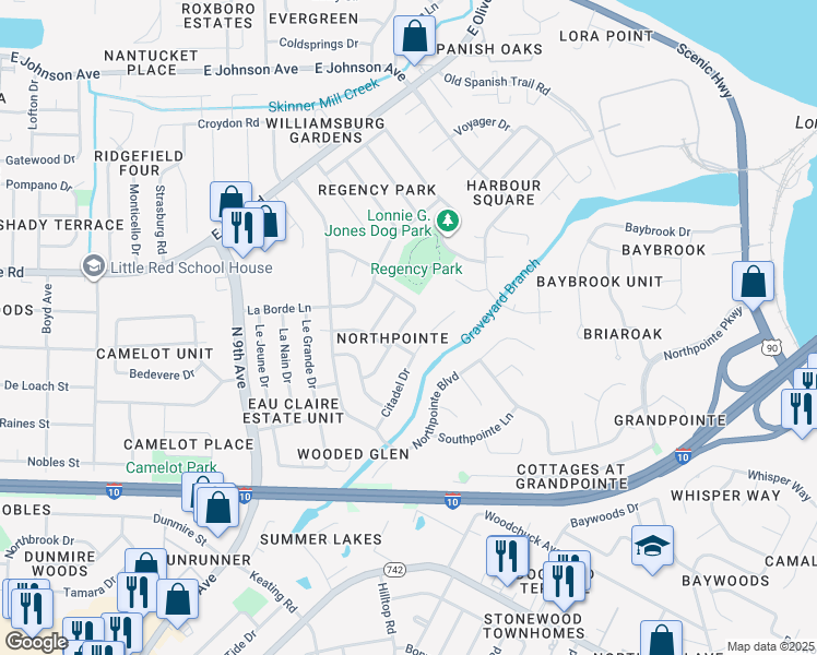 map of restaurants, bars, coffee shops, grocery stores, and more near 4615 Gladstone Drive in Pensacola
