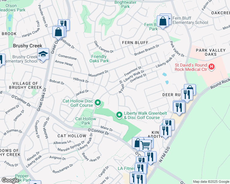 map of restaurants, bars, coffee shops, grocery stores, and more near 114 North Field Street in Round Rock