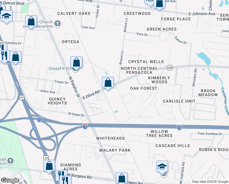 map of restaurants, bars, coffee shops, grocery stores, and more near 7891 Sears Boulevard in Pensacola
