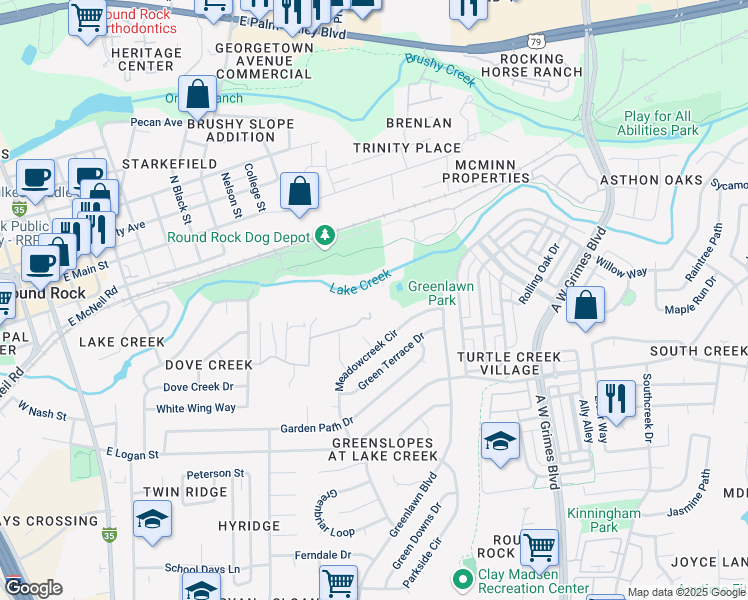 map of restaurants, bars, coffee shops, grocery stores, and more near 1208 Springridge Street in Round Rock