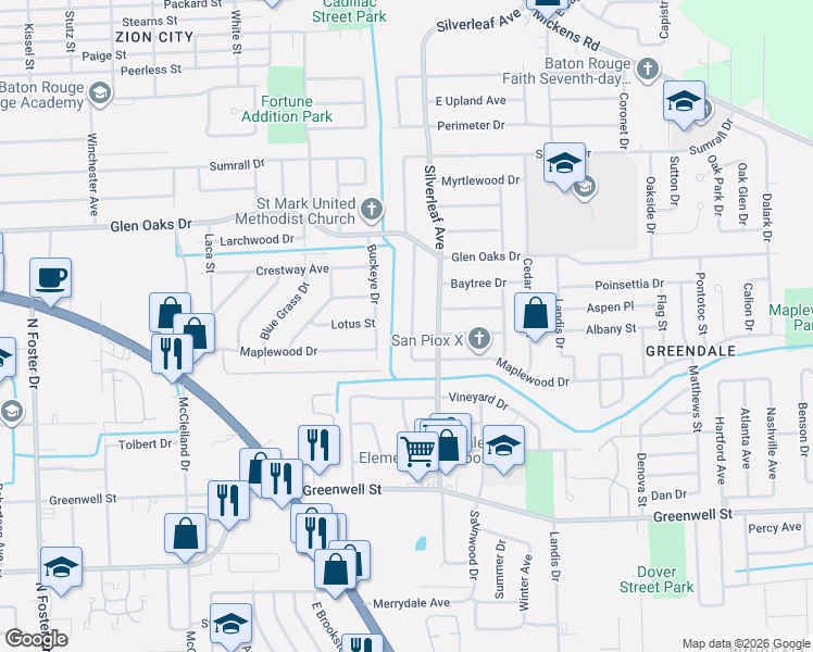 map of restaurants, bars, coffee shops, grocery stores, and more near 6325 Buttonwood Drive in Baton Rouge