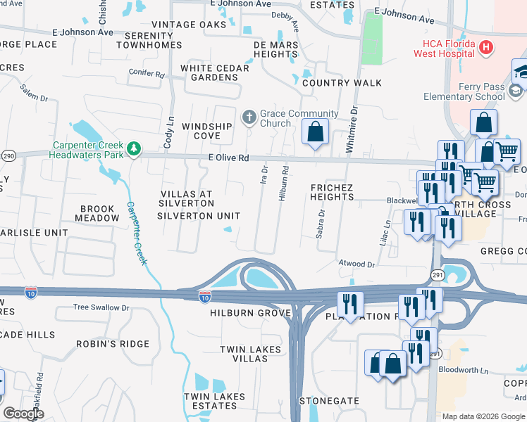 map of restaurants, bars, coffee shops, grocery stores, and more near 7939 Ira Drive in Pensacola