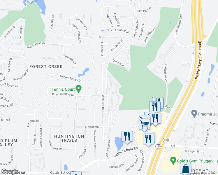 map of restaurants, bars, coffee shops, grocery stores, and more near 605 Winterfield Drive in Hutto