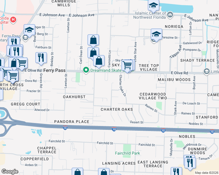 map of restaurants, bars, coffee shops, grocery stores, and more near 599 Desert Oak Drive in Pensacola