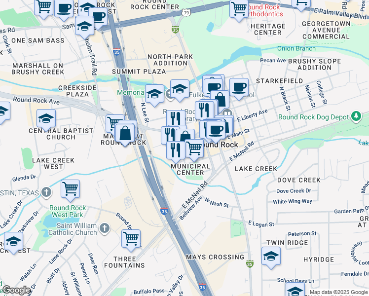 map of restaurants, bars, coffee shops, grocery stores, and more near 303 West Liberty Avenue in Round Rock