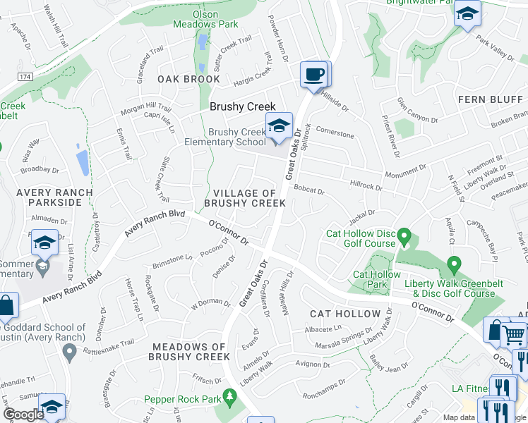 map of restaurants, bars, coffee shops, grocery stores, and more near 16804 Whitebrush Loop in Austin