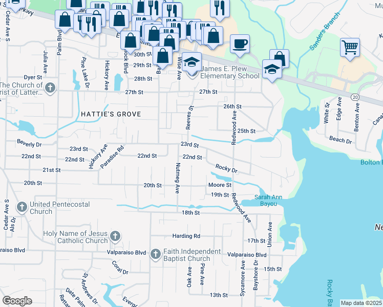 map of restaurants, bars, coffee shops, grocery stores, and more near 1407 22nd Street in Niceville