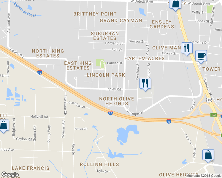 map of restaurants, bars, coffee shops, grocery stores, and more near 7701 Amberidge Road in Pensacola