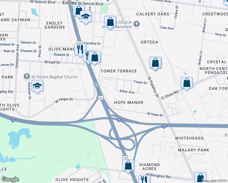 map of restaurants, bars, coffee shops, grocery stores, and more near 303 Arbor Avenue in Pensacola