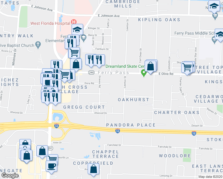 map of restaurants, bars, coffee shops, grocery stores, and more near 7909 Lawton Street in Pensacola