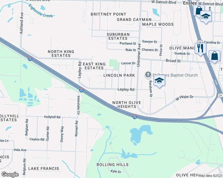 map of restaurants, bars, coffee shops, grocery stores, and more near Fiesta Drive in Pensacola