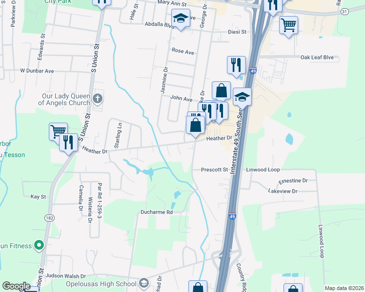 map of restaurants, bars, coffee shops, grocery stores, and more near 1044 Heather Drive in Opelousas