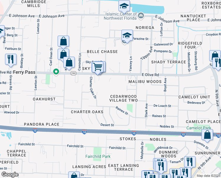 map of restaurants, bars, coffee shops, grocery stores, and more near 3205 East Olive Road in Pensacola