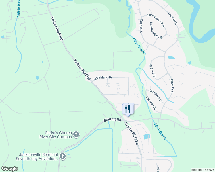 map of restaurants, bars, coffee shops, grocery stores, and more near 14815 Marshland Court in Jacksonville
