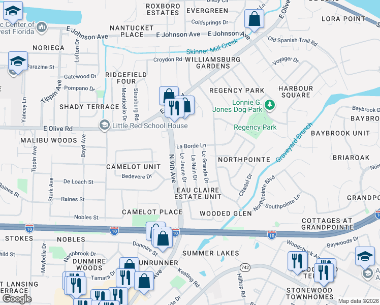 map of restaurants, bars, coffee shops, grocery stores, and more near 4235 La Borde Lane in Pensacola