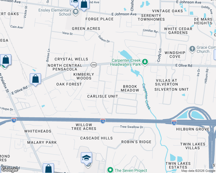 map of restaurants, bars, coffee shops, grocery stores, and more near 7957 Dartmoor Drive in Pensacola