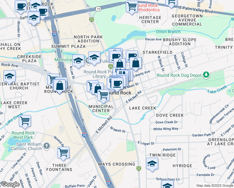 map of restaurants, bars, coffee shops, grocery stores, and more near in Round Rock