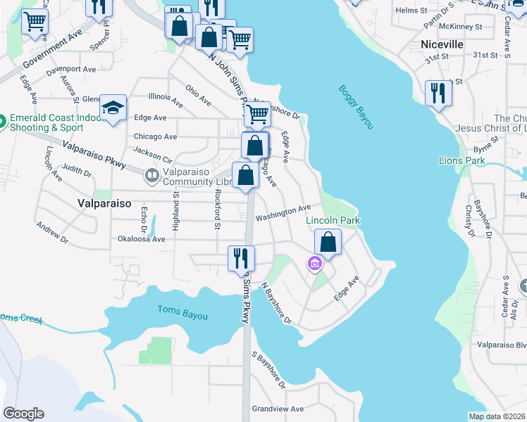 map of restaurants, bars, coffee shops, grocery stores, and more near 215 Seminole Avenue in Valparaiso
