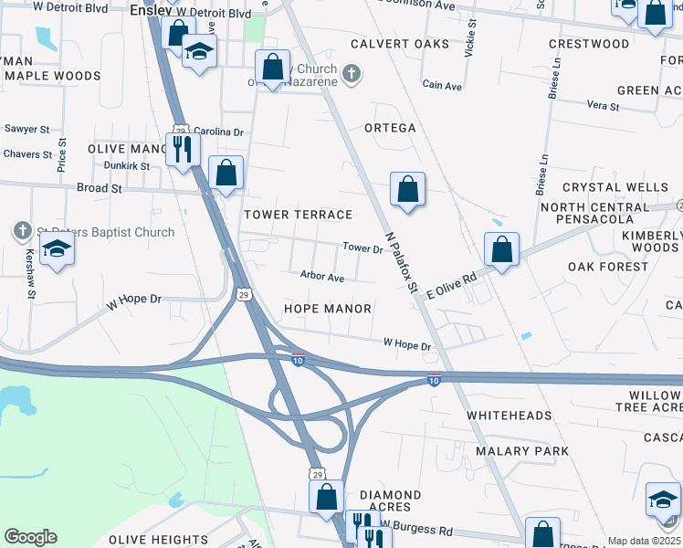 map of restaurants, bars, coffee shops, grocery stores, and more near 204 Arbor Avenue in Pensacola