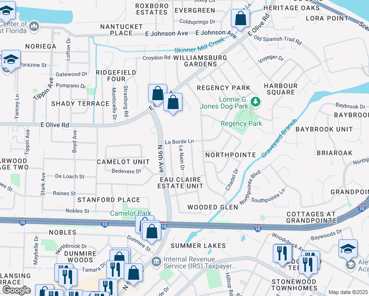 map of restaurants, bars, coffee shops, grocery stores, and more near 7970 La Nain Drive in Pensacola
