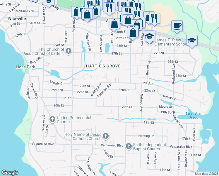 map of restaurants, bars, coffee shops, grocery stores, and more near 419 Paradise Road in Niceville