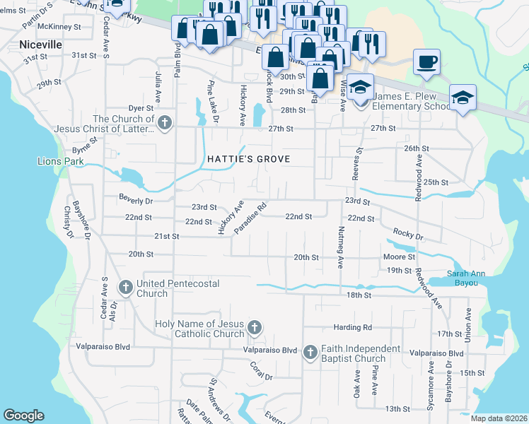 map of restaurants, bars, coffee shops, grocery stores, and more near 419 Paradise Road in Niceville