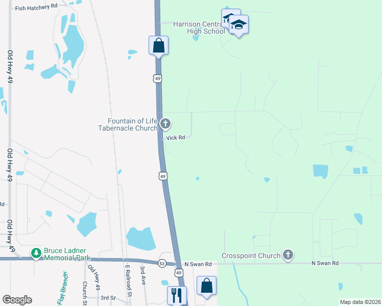 map of restaurants, bars, coffee shops, grocery stores, and more near 15279 Road 233 in Gulfport