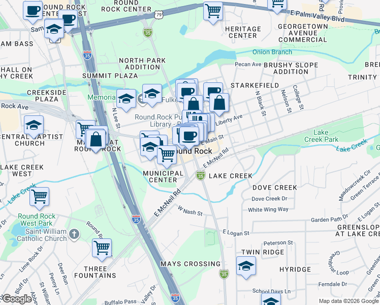 map of restaurants, bars, coffee shops, grocery stores, and more near 106 South Mays Street in Round Rock