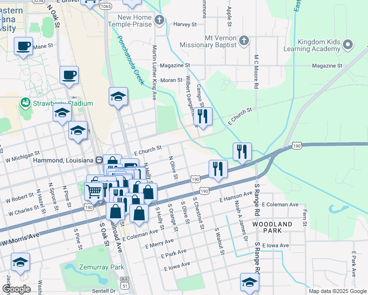 map of restaurants, bars, coffee shops, grocery stores, and more near 312 North Chestnut Street in Hammond