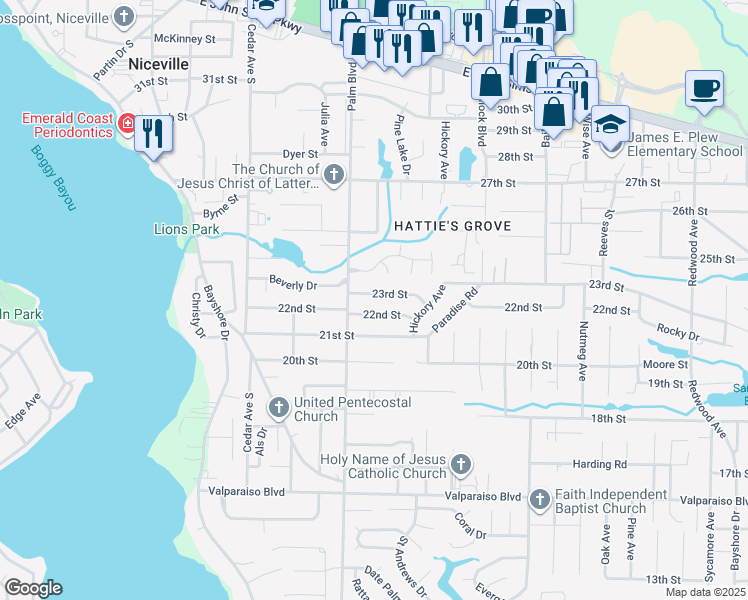 map of restaurants, bars, coffee shops, grocery stores, and more near 303 23rd Street in Niceville