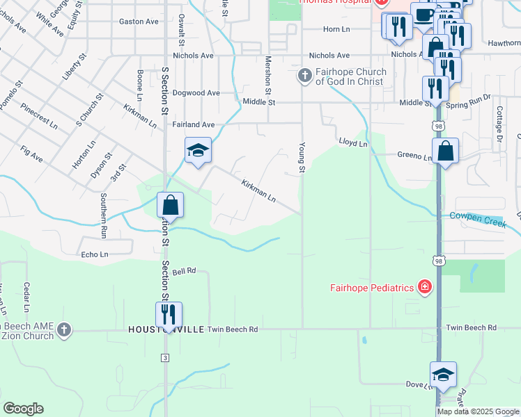 map of restaurants, bars, coffee shops, grocery stores, and more near 7348-7378 Kirkman Lane in Fairhope