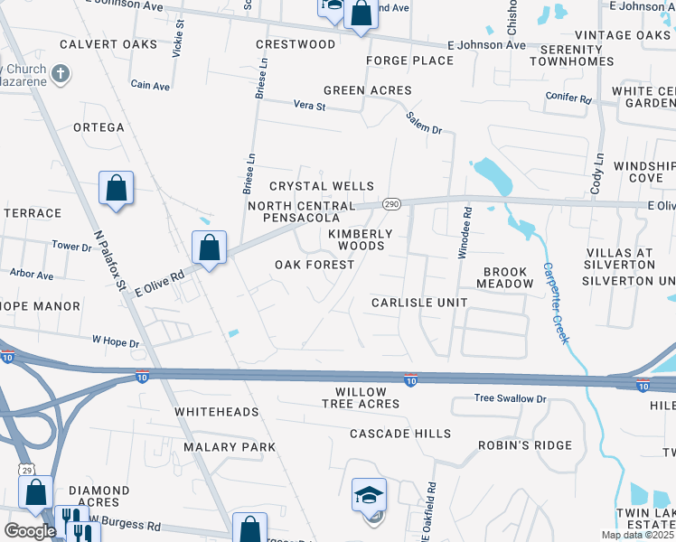 map of restaurants, bars, coffee shops, grocery stores, and more near 7749 Deborah Drive in Pensacola