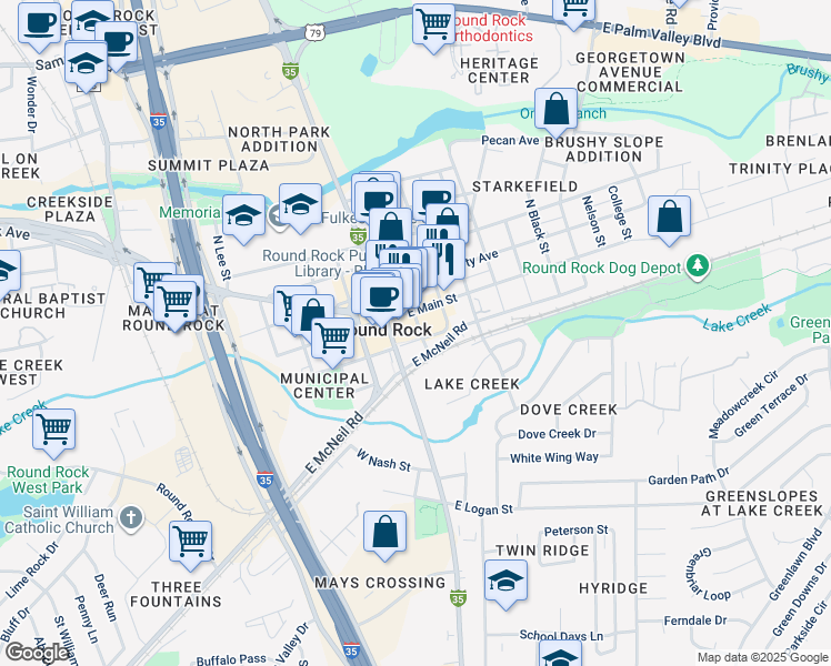 map of restaurants, bars, coffee shops, grocery stores, and more near in Round Rock