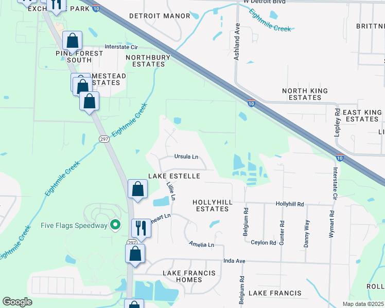 map of restaurants, bars, coffee shops, grocery stores, and more near 2390 Ursula Lane in Pensacola