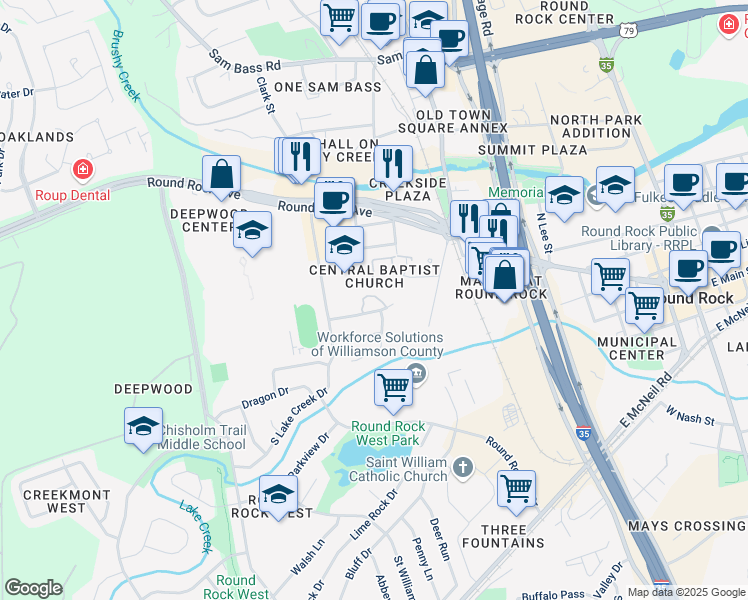 map of restaurants, bars, coffee shops, grocery stores, and more near 900 Westwood Drive in Round Rock
