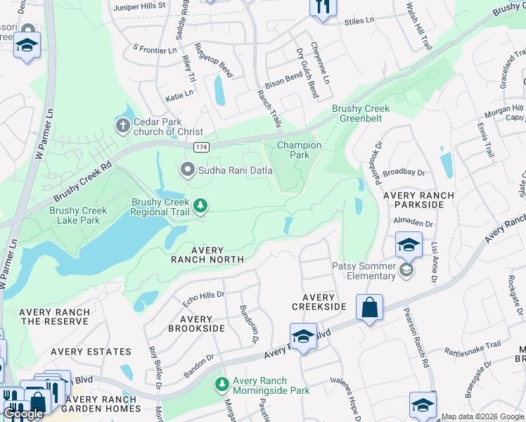 map of restaurants, bars, coffee shops, grocery stores, and more near 3820 Brushy Creek Road in Cedar Park