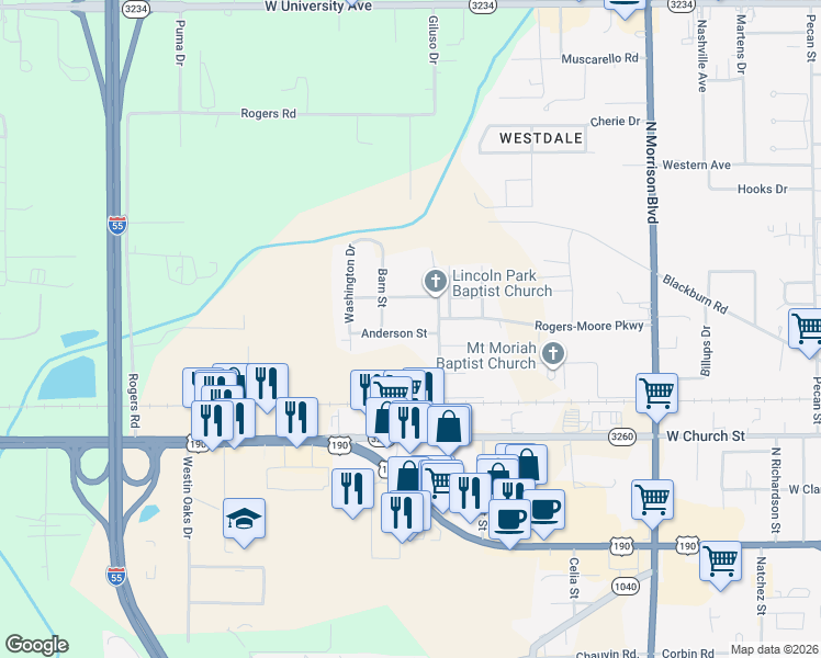 map of restaurants, bars, coffee shops, grocery stores, and more near 2802 Anderson Street in Hammond