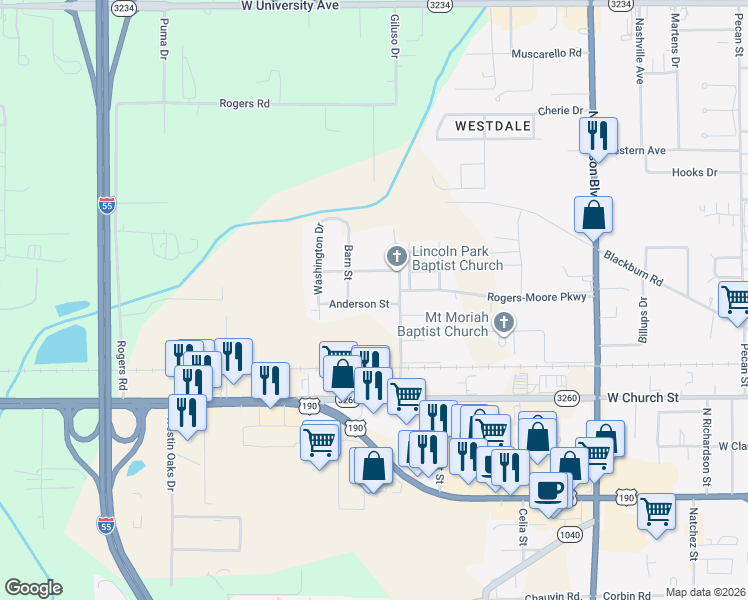 map of restaurants, bars, coffee shops, grocery stores, and more near 2802 Anderson Street in Hammond