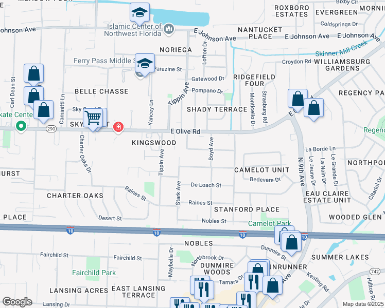 map of restaurants, bars, coffee shops, grocery stores, and more near 3525 Beagles Street in Pensacola