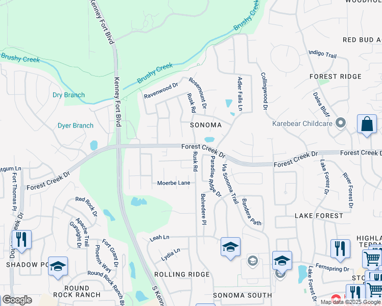 map of restaurants, bars, coffee shops, grocery stores, and more near 1000 Rusk Road in Round Rock