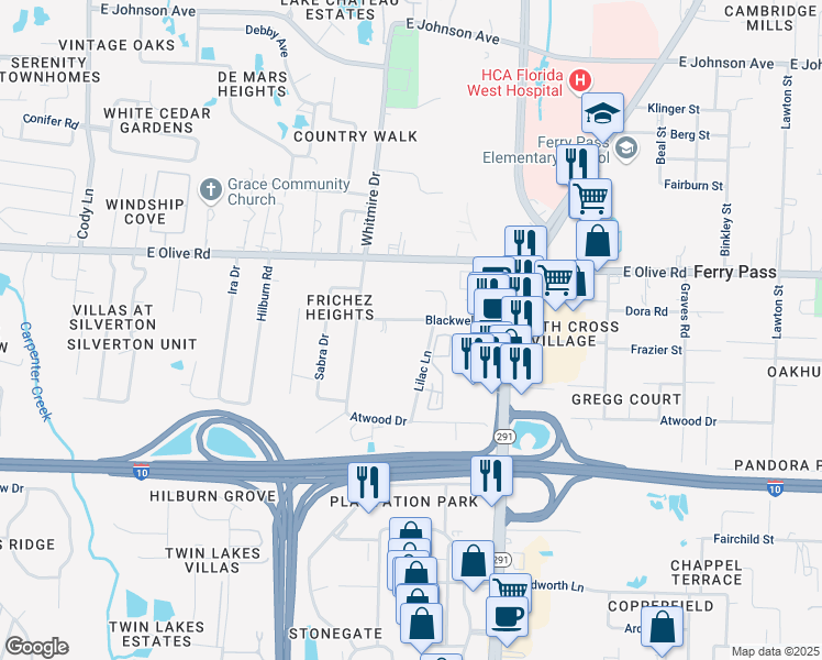 map of restaurants, bars, coffee shops, grocery stores, and more near 1619 Blackwell Lane in Pensacola