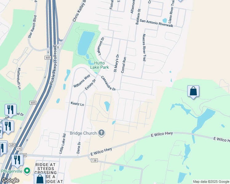 map of restaurants, bars, coffee shops, grocery stores, and more near 216 Cassandra Drive in Hutto