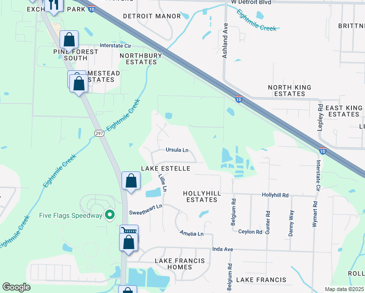 map of restaurants, bars, coffee shops, grocery stores, and more near 2390 Ursula Lane in Pensacola