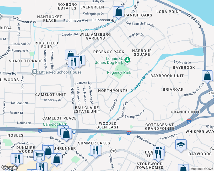 map of restaurants, bars, coffee shops, grocery stores, and more near 4608 Centerpointe Drive in Pensacola