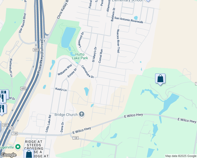 map of restaurants, bars, coffee shops, grocery stores, and more near 300 Cassandra Drive in Hutto