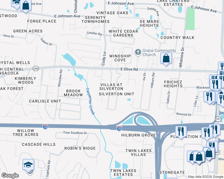 map of restaurants, bars, coffee shops, grocery stores, and more near 7974 Stonebrook Drive in Pensacola