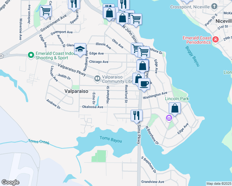 map of restaurants, bars, coffee shops, grocery stores, and more near 329 Lincoln Avenue in Valparaiso